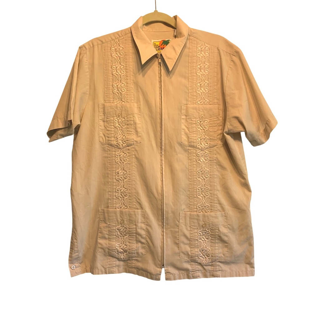 Haband Guayabera Shirt Medium Beige Zip Front Embroidered Short Sleeve Cuban